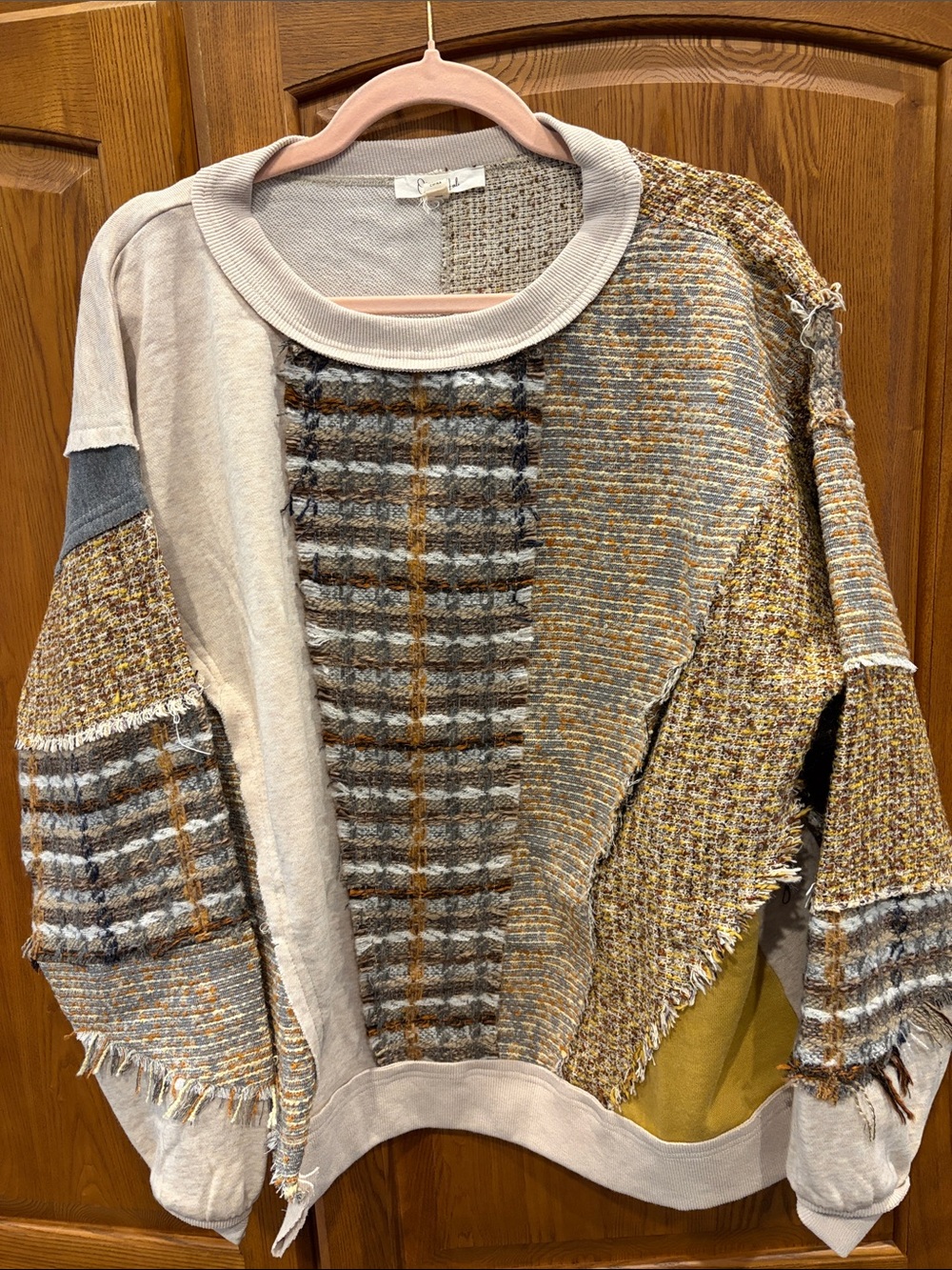 NWOT Oli & Hali Patchwork Crewneck Sweater in Beige, Gray and Mustard size xs